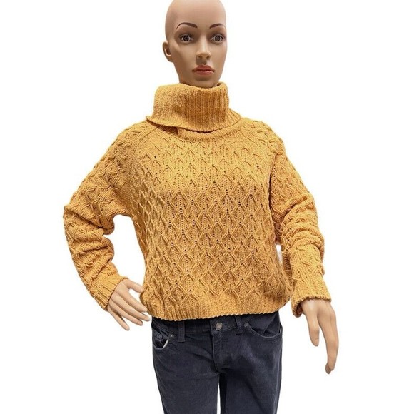 Moon & Madison Anthropologie Yellow Crop Chunky Knit Cowl Neck Sweater Small NWT - Picture 1 of 6
